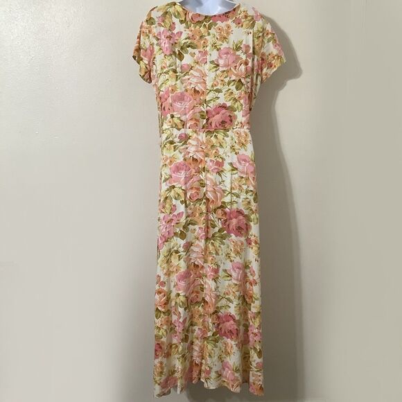 Vintage 90s Cottagecore Colorful Floral Fairy Prairie Full Button Maxi Dress 16T - Picture 4 of 8